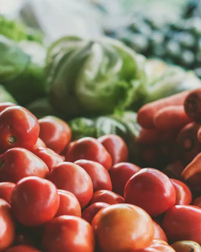 Pomodori rossi e carote appena raccolti, con le verdure a foglia dietro