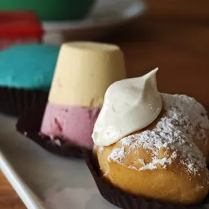 Una bavarese ai frutti di bosco e un dolce con la crema e lo zucchero a velo
