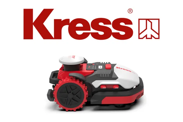 Il logo Kress sopra un robot rasaerba Kress rosso e bianco