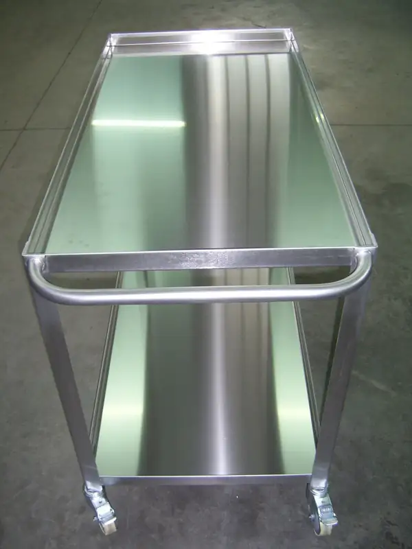 Carrello in acciaio inox a due ripiani con maniglia tubolare