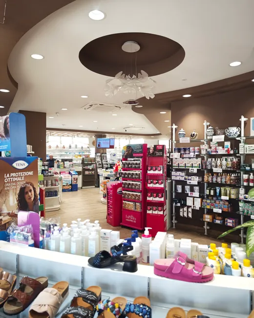 Il banco della farmacia sotto il controsoffitto a cerchio, con gli scaffali sullo sfondo