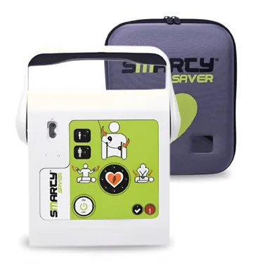 Un defibrillatore semiautomatico Smarty Saver con la sua custodia