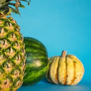 Un ananas, un’anguria e una zucca su un fondo azzurro