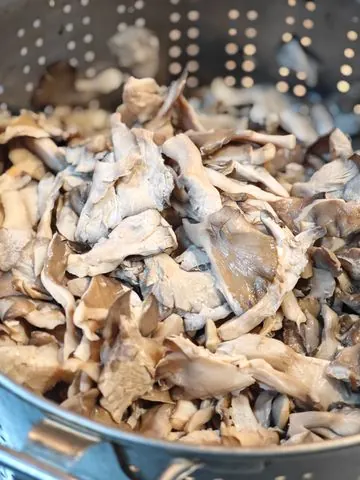 Funghi puliti e sfilacciati in uno scolapasta, pronti da cuocere