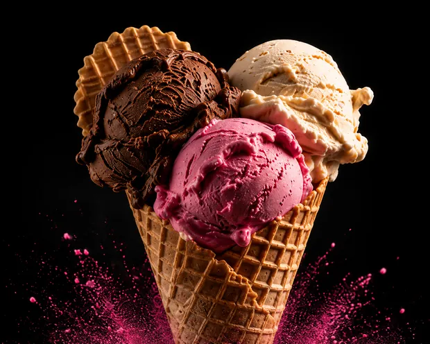 Cono di cialda con tre palline di gelato, cioccolato, crema e lampone, su una nuvola di polvere rosa