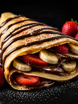 Crêpe arrotolata con crema al cioccolato, banane e fragole
