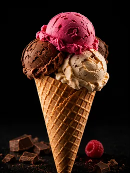 Cono di cialda con tre palline: lampone, cioccolato e crema