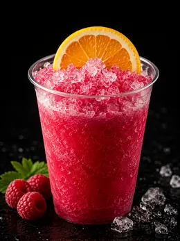 Bicchiere di granita rossa con una fetta d'arancia e lamponi