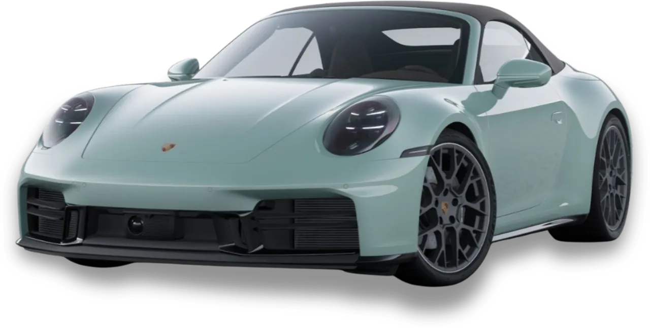 Porsche 911 Cabriolet verde salvia con la capote chiusa, vista di tre quarti davanti