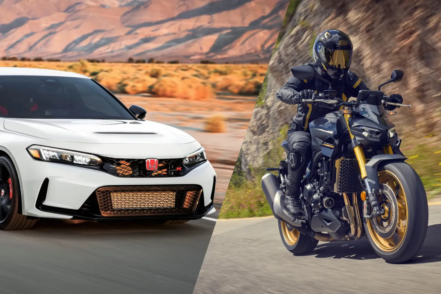 Una Honda Civic Type R bianca e una moto Honda Hornet nera in corsa, una accanto all'altra
