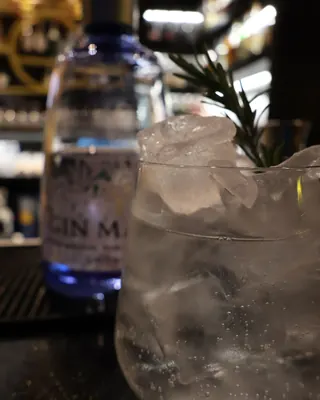 Un gin tonic con molto ghiaccio e un rametto di rosmarino