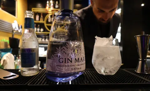 Al bancone, un gin tonic appena preparato accanto alla bottiglia di gin e all’acqua tonica