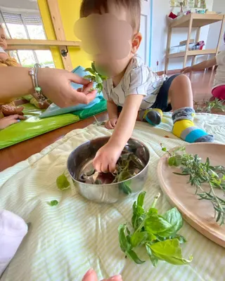 Un bambino esplora con le mani una ciotola di erbe aromatiche