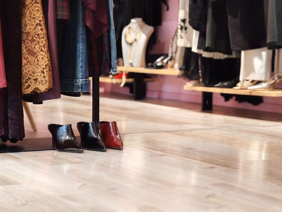Scarpe esposte accanto ai capi della boutique
