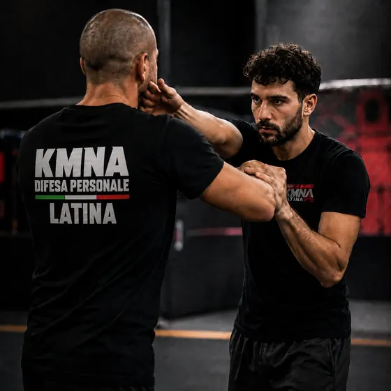 Due uomini con la maglia nera KMNA Difesa Personale Latina provano una difesa da una presa al collo