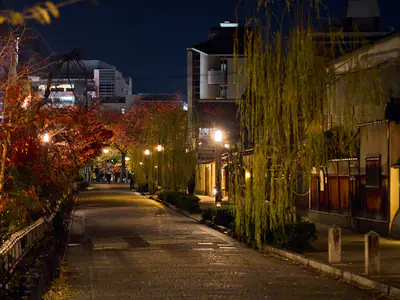 Una via di Gion di sera, con le case di legno illuminate e un salice