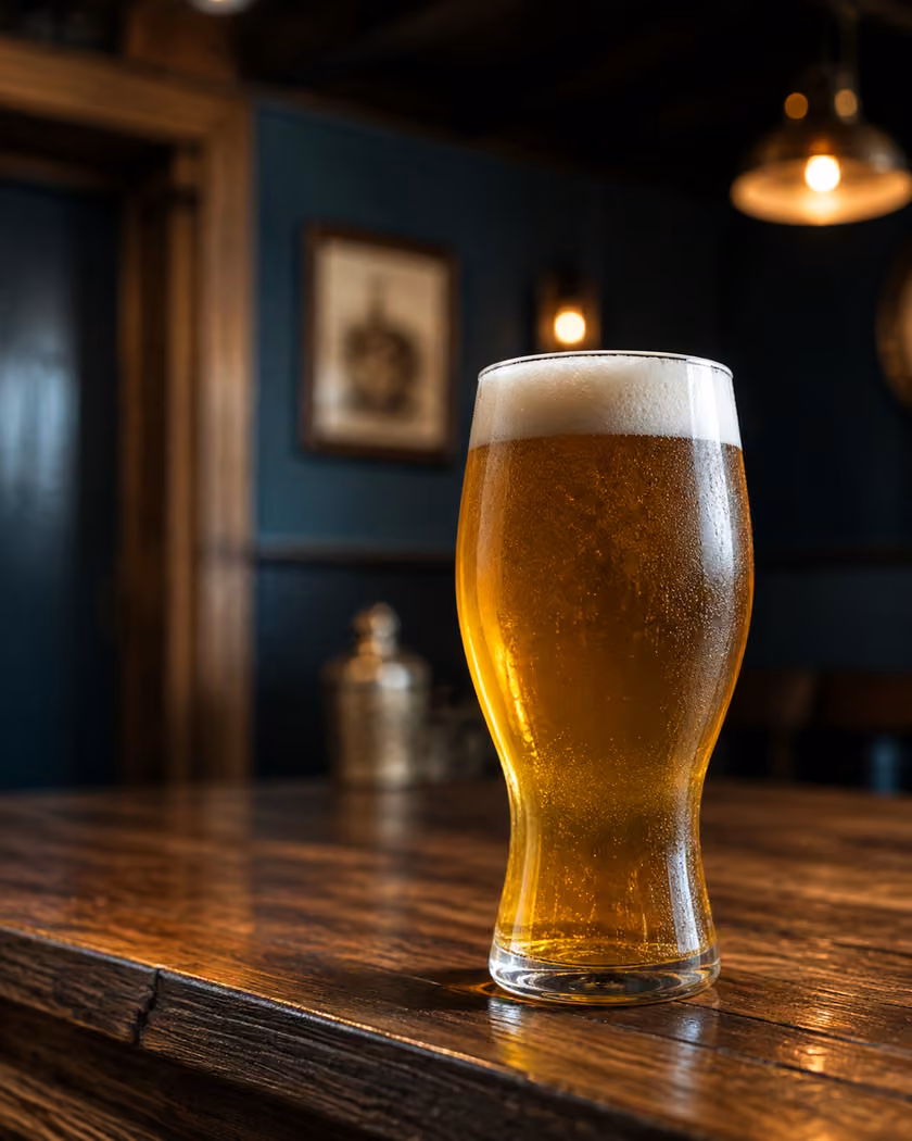 Bicchiere di birra ambrata con schiuma su un bancone in legno