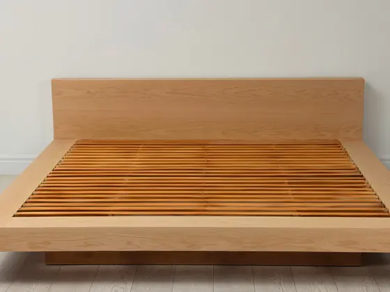 Letto basso in legno chiaro, con le doghe in vista