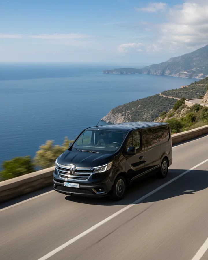 Un furgone nero a nove posti con la targa Rent&vai, lungo una strada costiera sul mare