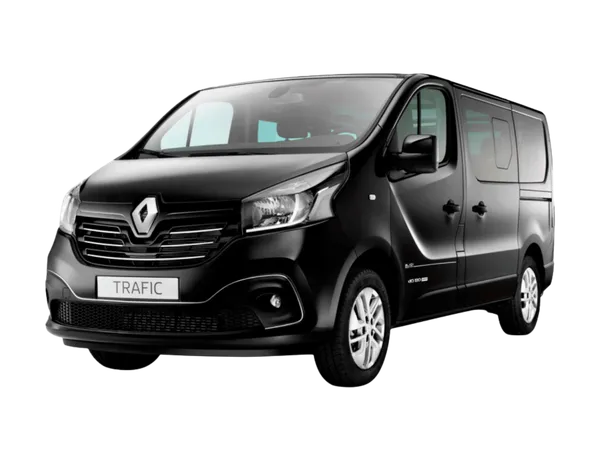Un furgone Renault Trafic nero a nove posti, visto di tre quarti