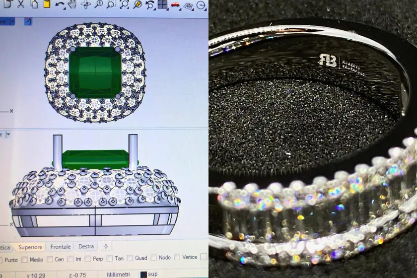 Il progetto al computer di un anello con smeraldo, accanto a una fascia di diamanti firmata RB