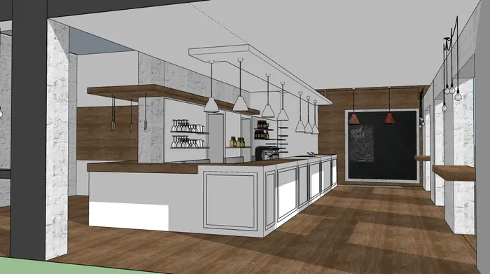 Progetto di un locale commerciale, un bar: bancone bianco, mensole di legno, lampade a sospensione e parquet