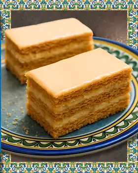 Due fette di torta a strati con glassa, su un piatto di ceramica decorata