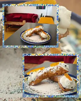 Cannoli siciliani con scorza d’arancia candita su un piatto di ceramica, in due scatti