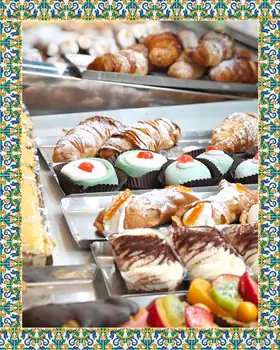 Il banco dei dolci: cornetti, cassatine, cannoli, dolci al cioccolato e crostatine alla frutta